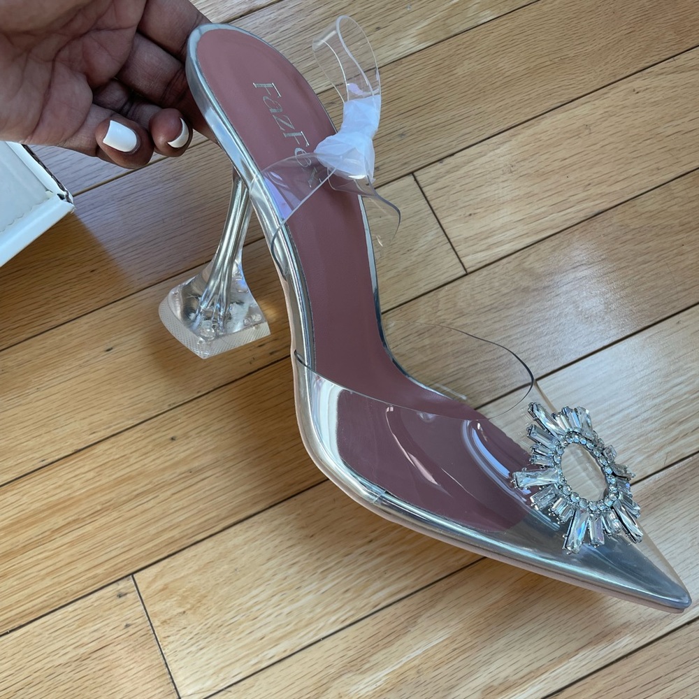 Women's Slip on Transparent Slingback Pointed Toe Crystal Rhinestones Clear Heel